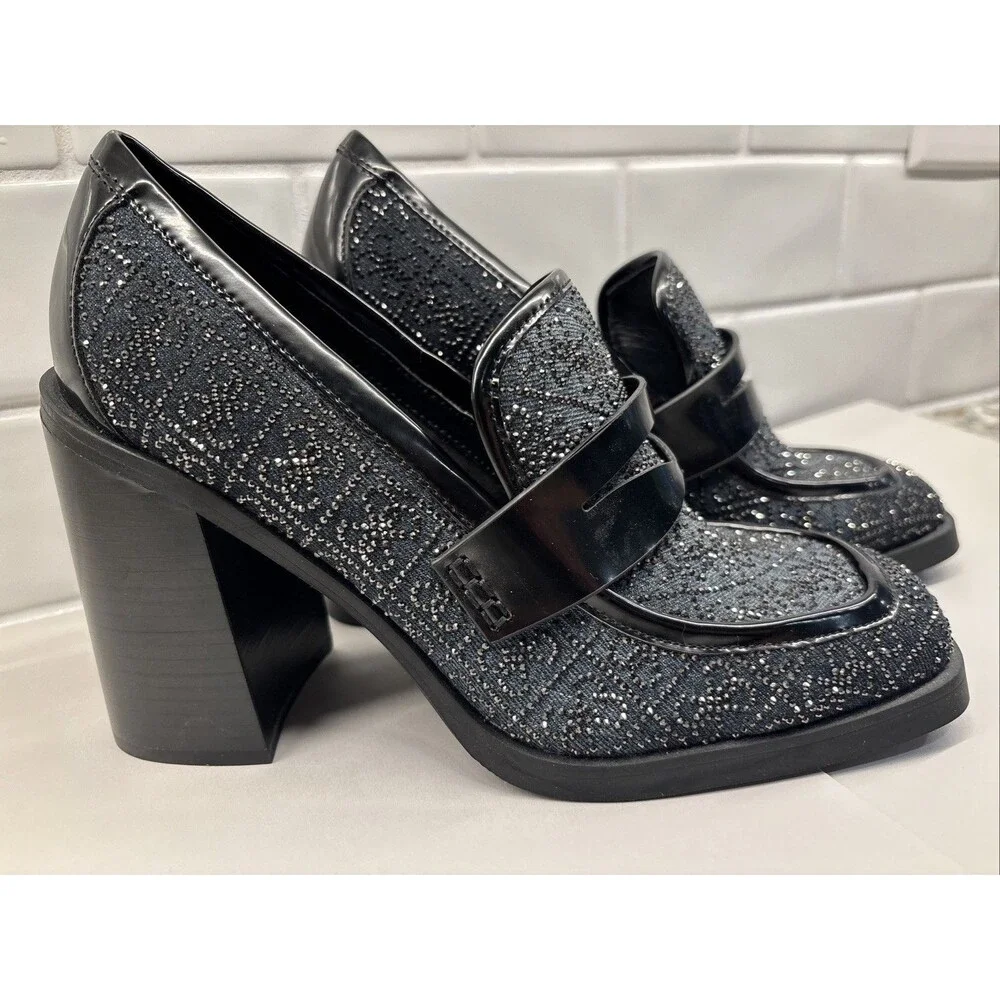 GUESS‎ Women’s Heeled Sparkly Chunky Loafer Size 9M Y2K Vibe EUC Black Glitter